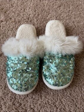 Pottery Barn Kids Aqua Sequin & Cream Faux-Fur Slippers